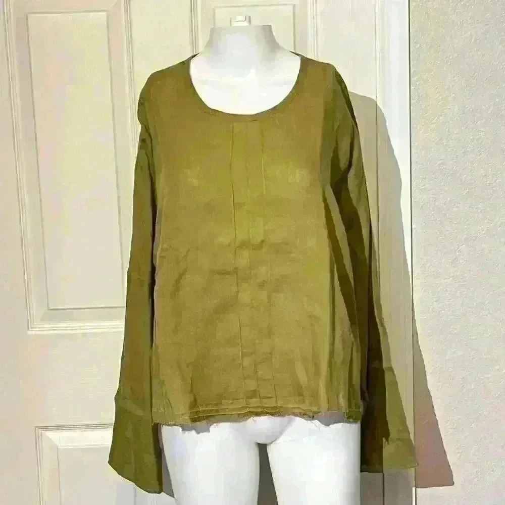FLAX By Jeanne Engelhart 100% Linen Shirt Top Raw Hem Long Sleeve Large Womens